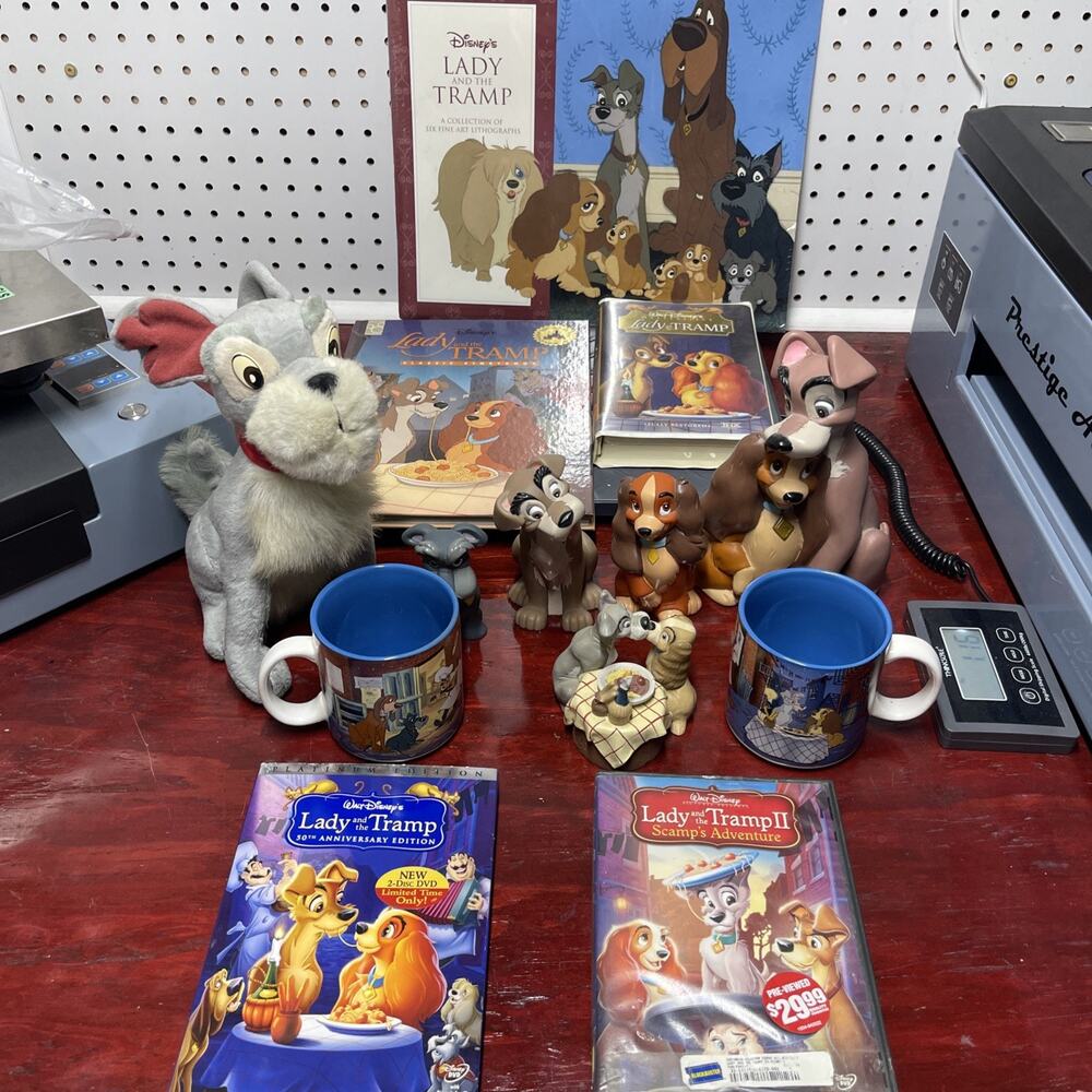 Lady And The Tramp Bundle, Lithographs, Mugs, Book, Dvds, Vhs, Plush &Rubber Toy